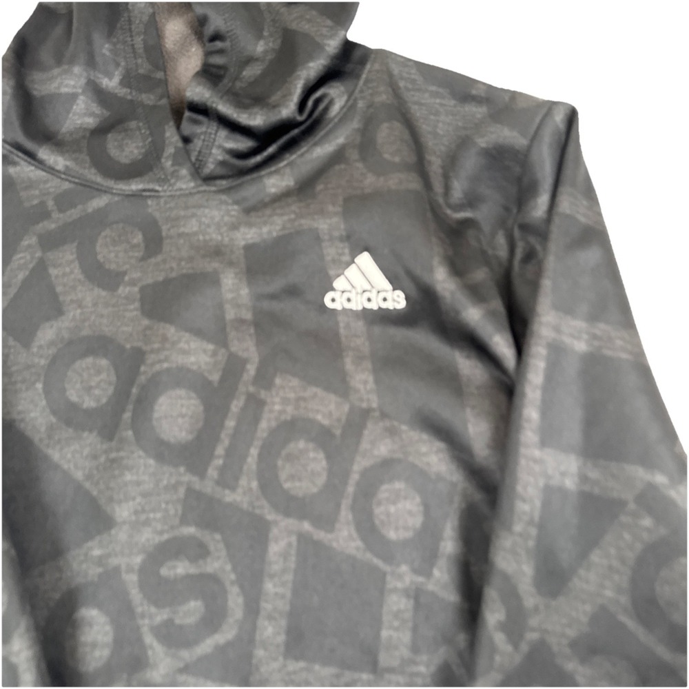 Adidas Boys XL 18-20 Hoodie Gray Black Long Sleeve All Over Logo Sweatshirt - Picture 6 of 9